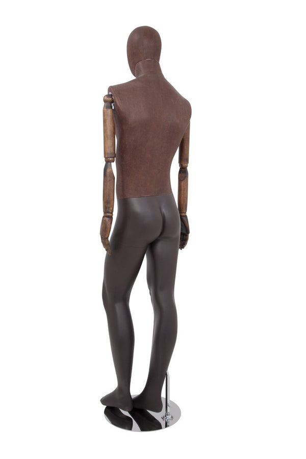 MALE BROWN LEATHERTTE FABRIC EGG MANNEQUIN W/ BROWN WOOD ARMS (MAM-ARM2-3/BRLE)