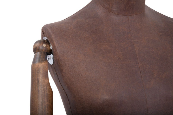 MALE BROWN LEATHERTTE FABRIC EGG MANNEQUIN W/ BROWN WOOD ARMS (MAM-ARM2-3/BRLE)