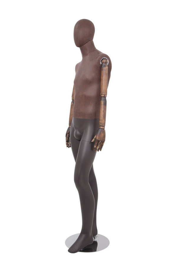 MALE BROWN LEATHERTTE FABRIC EGG MANNEQUIN W/ BROWN WOOD ARMS (MAM-ARM2-3/BRLE)