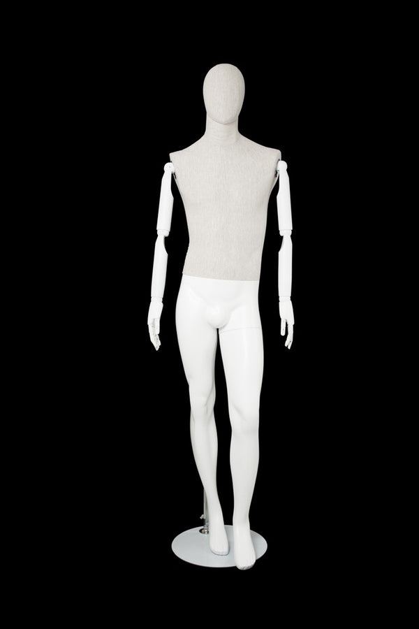 MALE LINEN FABRIC EGG MANNEQUIN W/ WHITE WOOD ARMS (MAM-ARM2-3/WHLN)