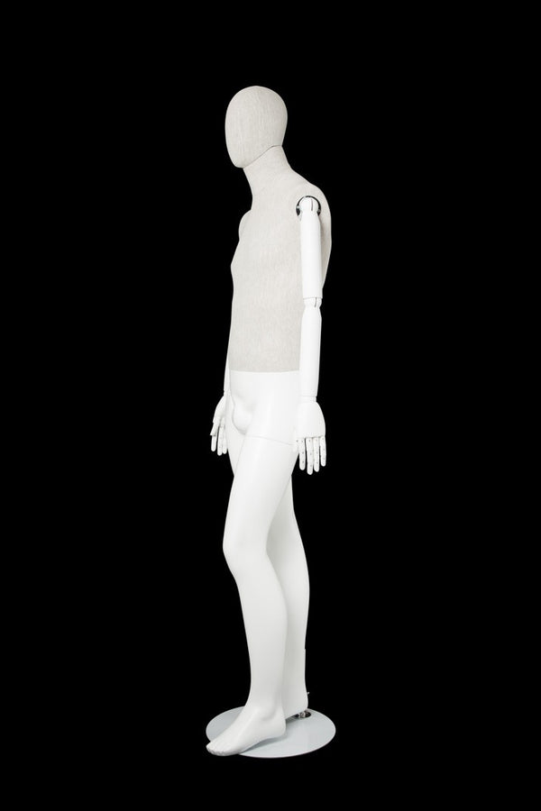 MALE LINEN FABRIC EGG MANNEQUIN W/ WHITE WOOD ARMS (MAM-ARM2-3/WHLN)