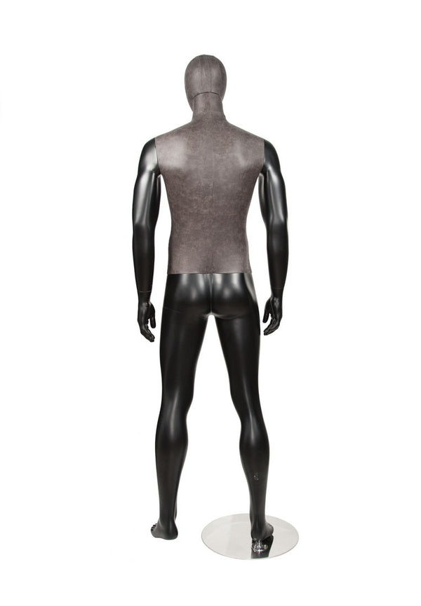 MIXED FABRIC MALE MANNEQUIN MATTE BLACK WITH DISTRESSED LEATHERETTE FABRIC AND REMOVABLE HEAD (MAM-S2-102/BLLE)