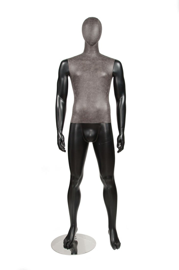 MIXED FABRIC MALE MANNEQUIN MATTE BLACK WITH DISTRESSED LEATHERETTE FABRIC AND REMOVABLE HEAD (MAM-S2-102/BLLE)