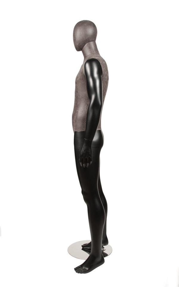 MIXED FABRIC MALE MANNEQUIN MATTE BLACK WITH DISTRESSED LEATHERETTE FABRIC AND REMOVABLE HEAD (MAM-S2-102/BLLE)