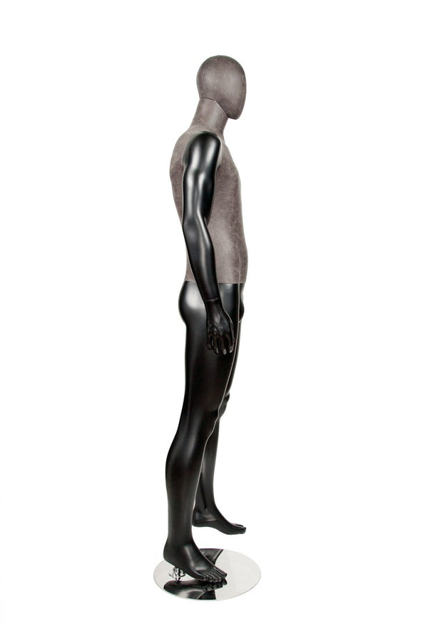 MIXED FABRIC MALE MANNEQUIN MATTE BLACK WITH DISTRESSED LEATHERETTE FABRIC AND REMOVABLE HEAD (MAM-S2-102/BLLE)