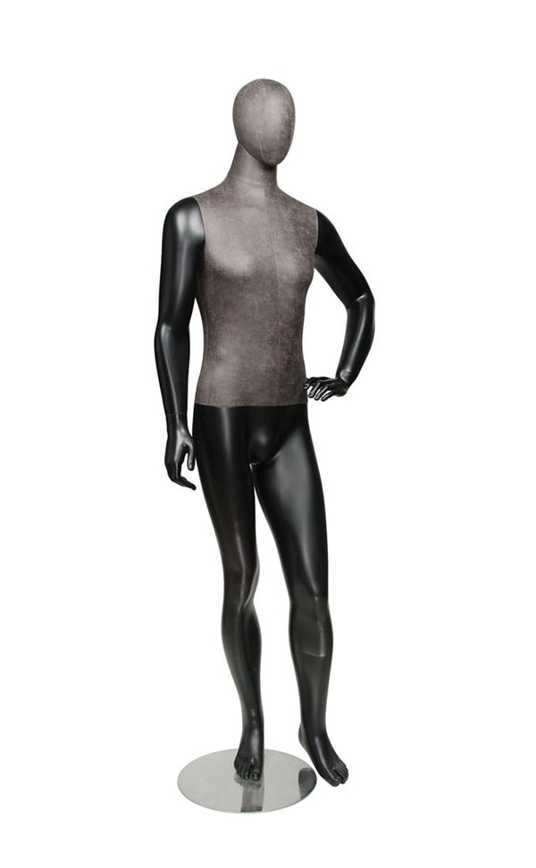 MIXED FABRIC MALE MANNEQUIN MATTE BLACK WITH DISTRESSED LEATHERETTE FABRIC AND REMOVABLE HEAD (MAM-S2-103/BLLE)