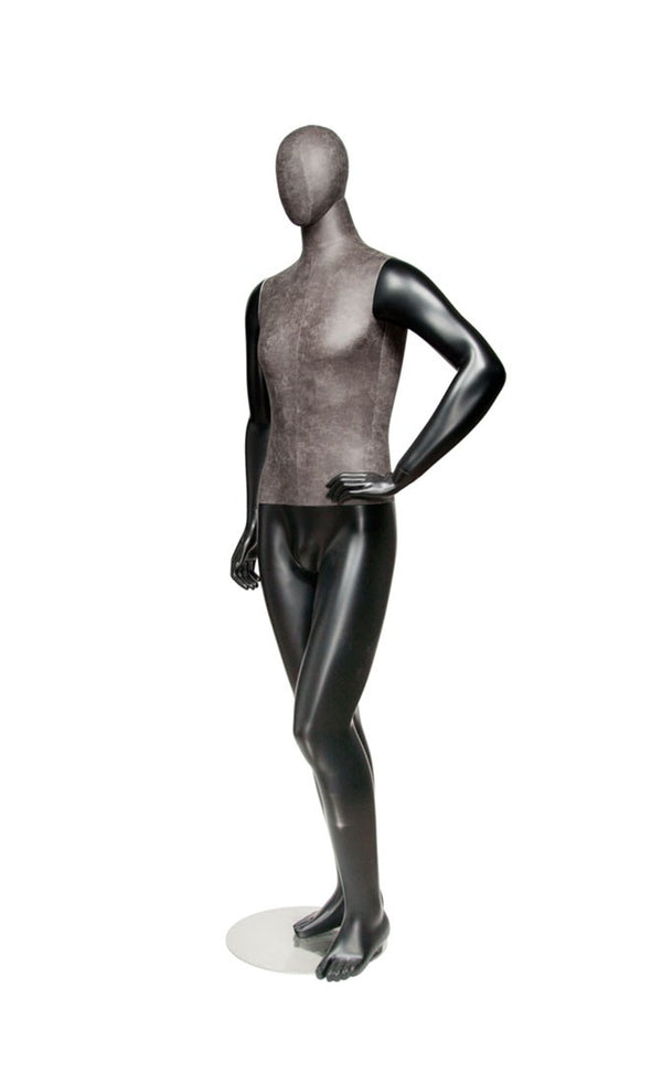 MIXED FABRIC MALE MANNEQUIN MATTE BLACK WITH DISTRESSED LEATHERETTE FABRIC AND REMOVABLE HEAD (MAM-S2-103/BLLE)