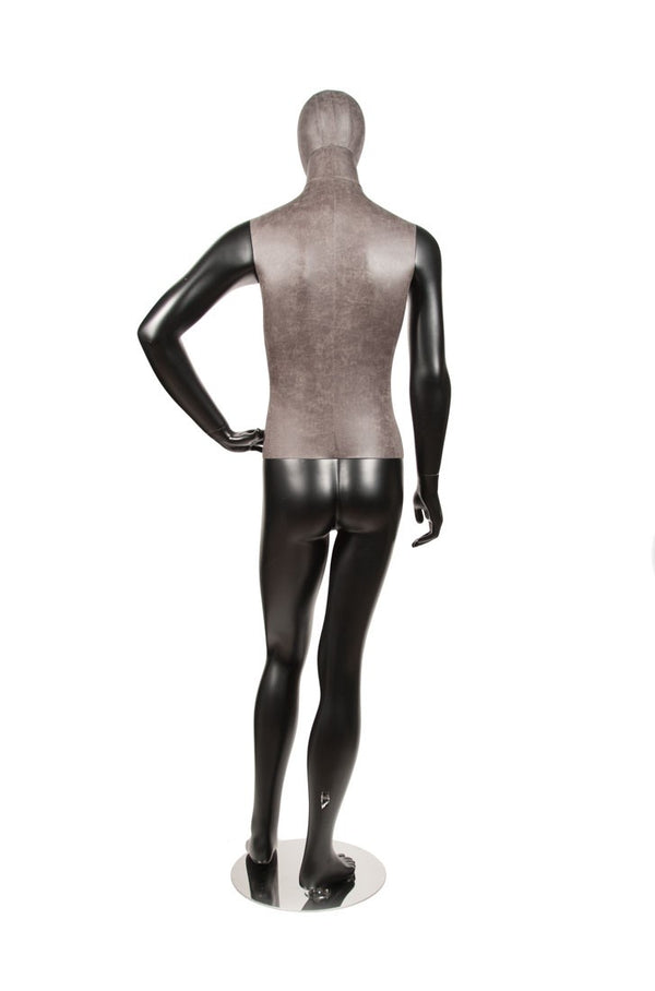 MIXED FABRIC MALE MANNEQUIN MATTE BLACK WITH DISTRESSED LEATHERETTE FABRIC AND REMOVABLE HEAD (MAM-S2-103/BLLE)