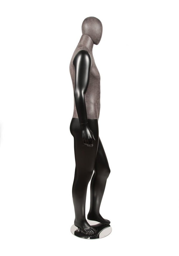 MIXED FABRIC MALE MANNEQUIN MATTE BLACK WITH DISTRESSED LEATHERETTE FABRIC AND REMOVABLE HEAD (MAM-S2-103/BLLE)