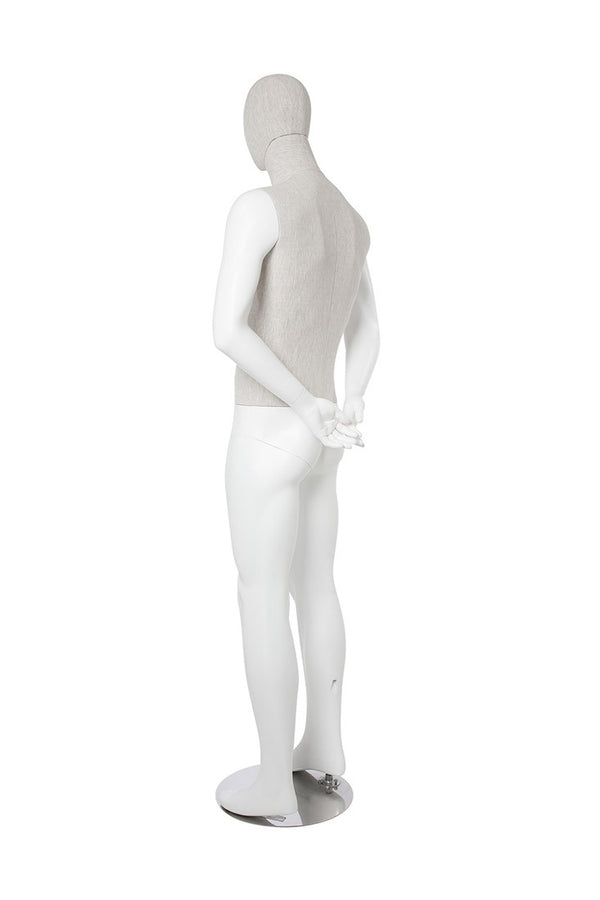 MIXED FABRIC MALE MANNEQUIN MATTE WHITE WITH LINEN FABRIC AND REMOVABLE HEAD (MAM-S2-104/WHLN)