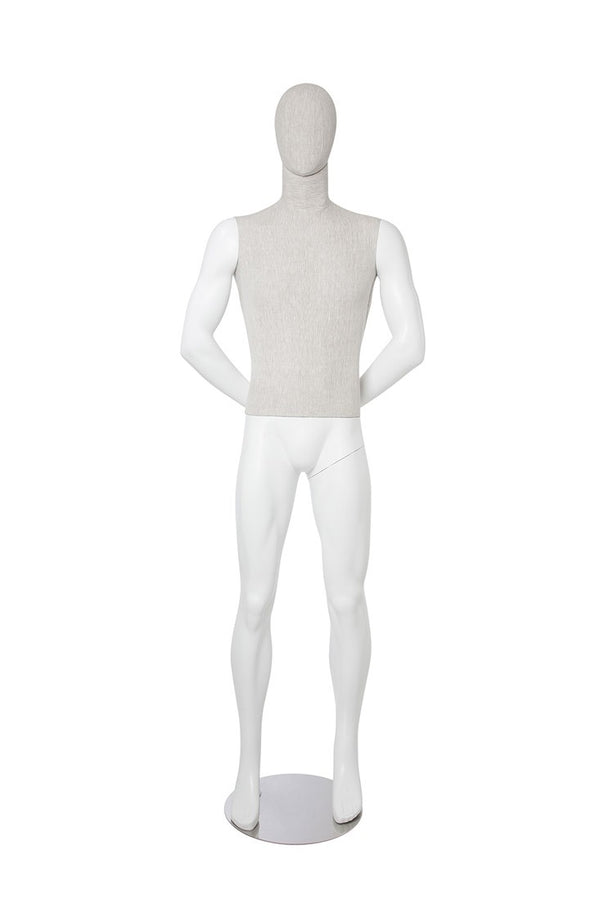 MIXED FABRIC MALE MANNEQUIN MATTE WHITE WITH LINEN FABRIC AND REMOVABLE HEAD (MAM-S2-104/WHLN)