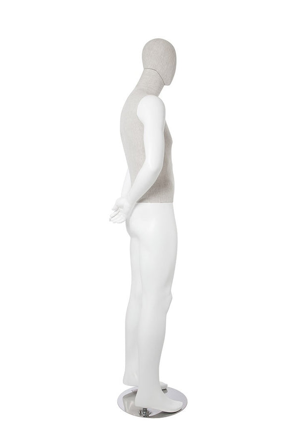 MIXED FABRIC MALE MANNEQUIN MATTE WHITE WITH LINEN FABRIC AND REMOVABLE HEAD (MAM-S2-104/WHLN)