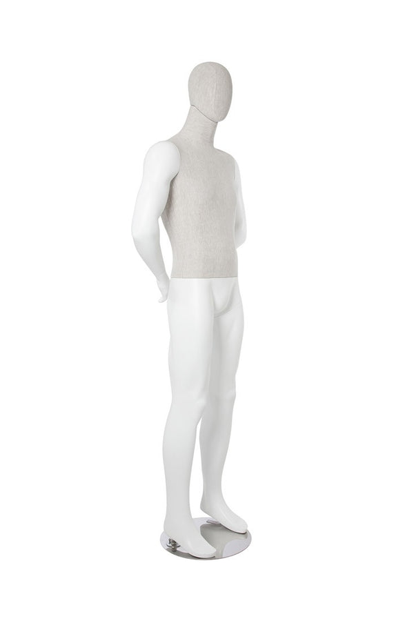 MIXED FABRIC MALE MANNEQUIN MATTE WHITE WITH LINEN FABRIC AND REMOVABLE HEAD (MAM-S2-104/WHLN)