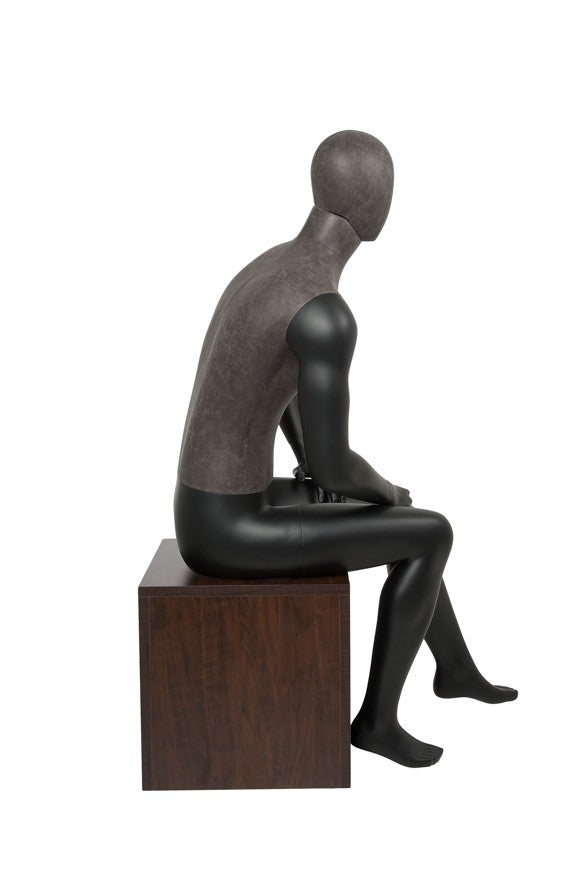 MIXED FABRIC MALE SITTING MANNEQUIN MATTE WHITE WITH LINEN FABRIC AND REMOVABLE HEAD (MAM-S2-105/BLLE)