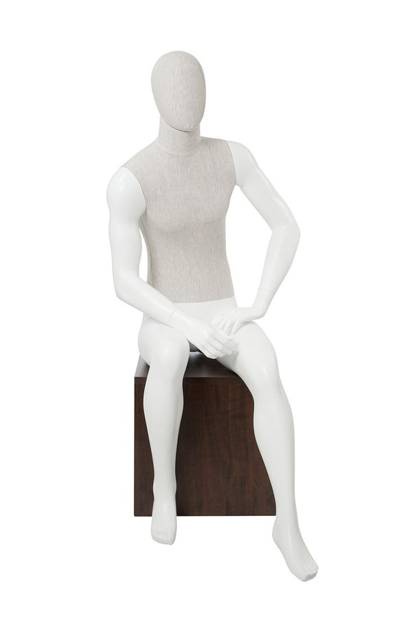 MIXED FABRIC MALE SITTING MANNEQUIN MATTE WHITE WITH LINEN FABRIC AND REMOVABLE HEAD (MAM-S2-105/WHLN)