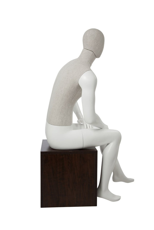 MIXED FABRIC MALE SITTING MANNEQUIN MATTE WHITE WITH LINEN FABRIC AND REMOVABLE HEAD (MAM-S2-105/WHLN)